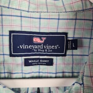 Vineyard Vines Whale Shirt Mens Large Blue Pink Plaid Button Down Cotton Logo